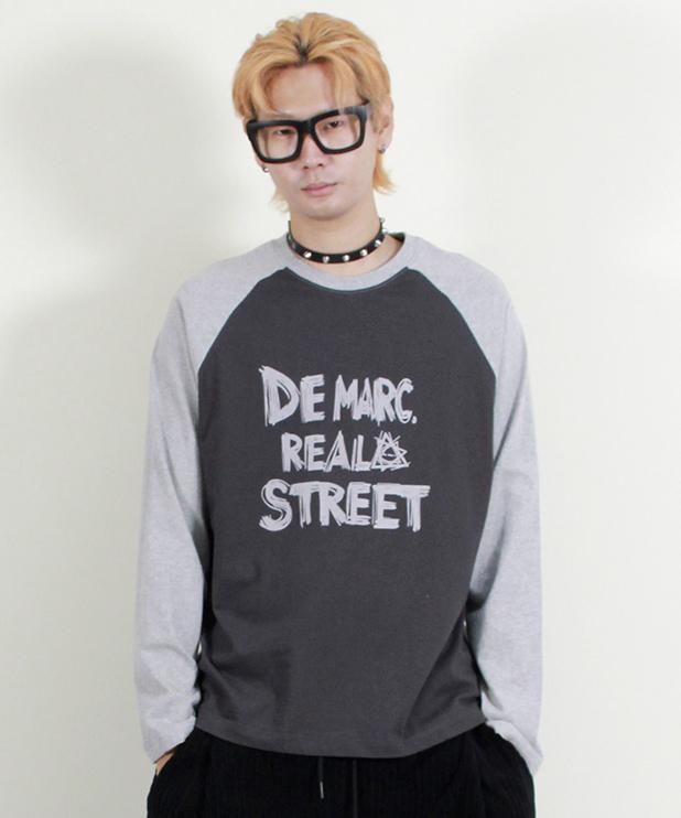 Deumakeu Text Raglan Color Block Long Sleeve T-Shirt Gray & Charcoal