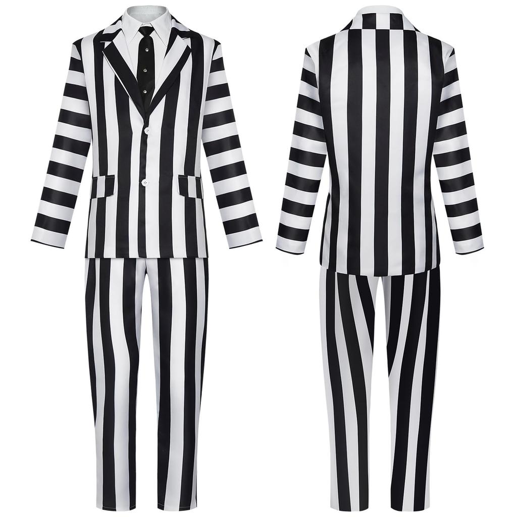 [qiqicos] Beetlejuice Striped Suit Cosplay Costume for Men, Women, Kids, Cosplay Clothes, Anime Costume, Event, Party, Disguise, Halloween, School