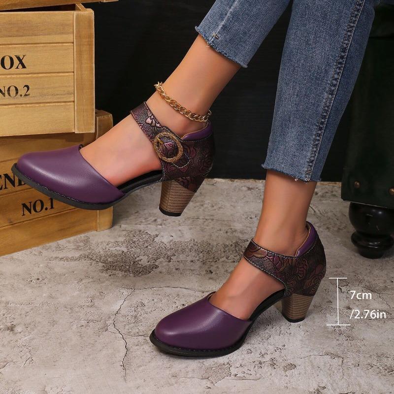 Baotou round head hollow women's sandals spring and summer thick heel high heel one-word buckle high heel sandals Mary Jane women's single shoes