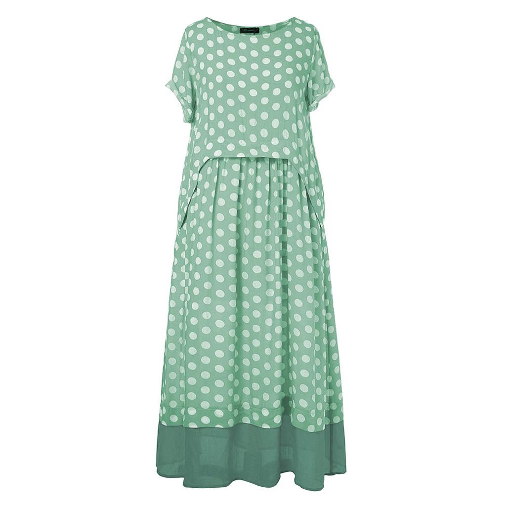 Women Polka Dot Fake Two Pieces  Short Sleeve Summer Plus Size Maxi Dress