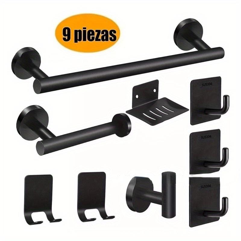Set tije de prosoape din oțel inoxidabil, suport pentru hârtie igienică, cârlig pentru haine și pălării, cârlig neperforat negru, vas de săpun de baie