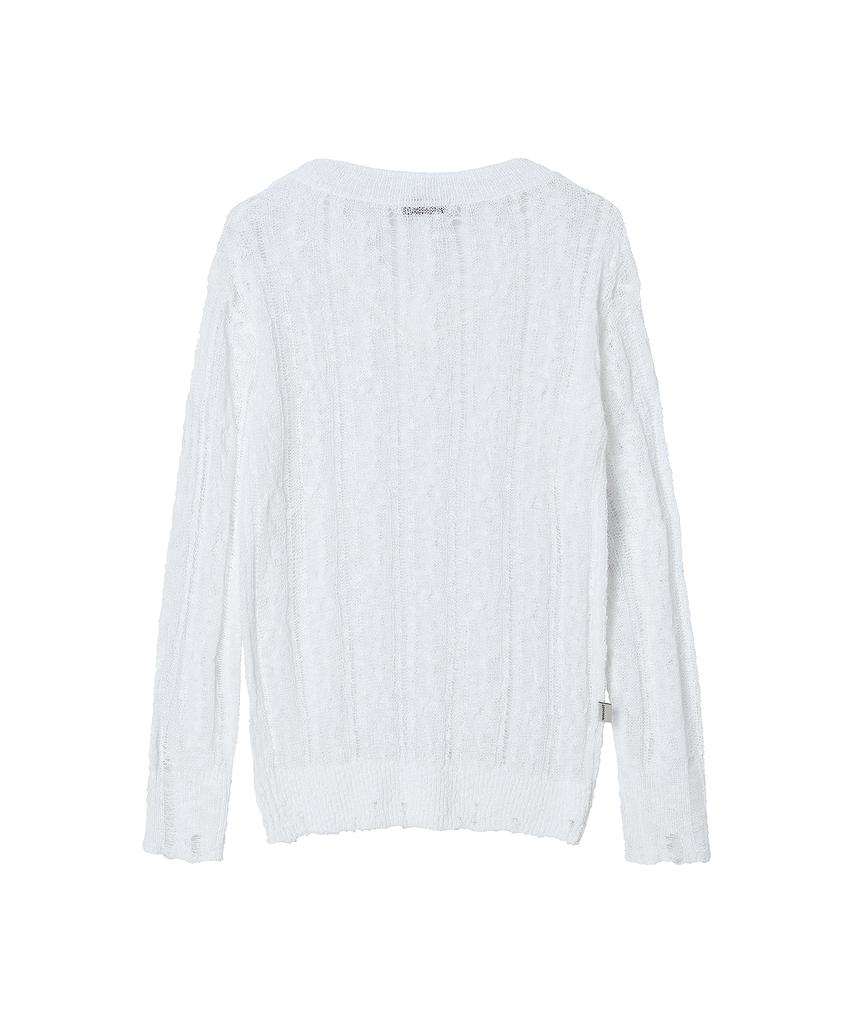 AWESOME STUDIO Distressed See-Through Long Sleeve Knit White
