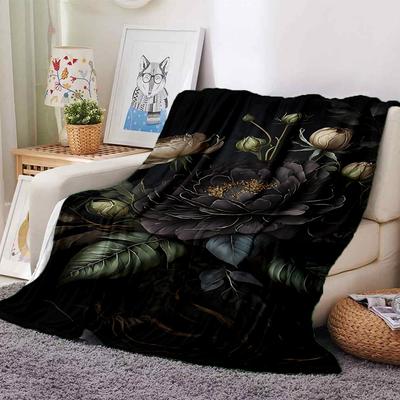 1pc Black Peony Soft Warm Throw Blanket Nap Blanket For Couch Sofa Office Bed Camping Travel,Comfortable