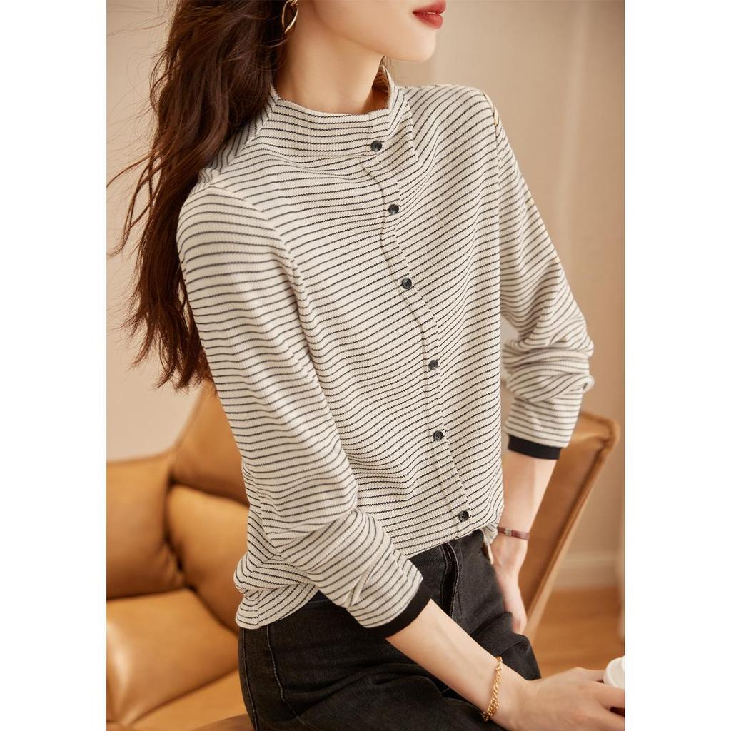 Women's 2023 Winter Color-Block Striped Semi-High Neck Long Sleeve Base Layer Top