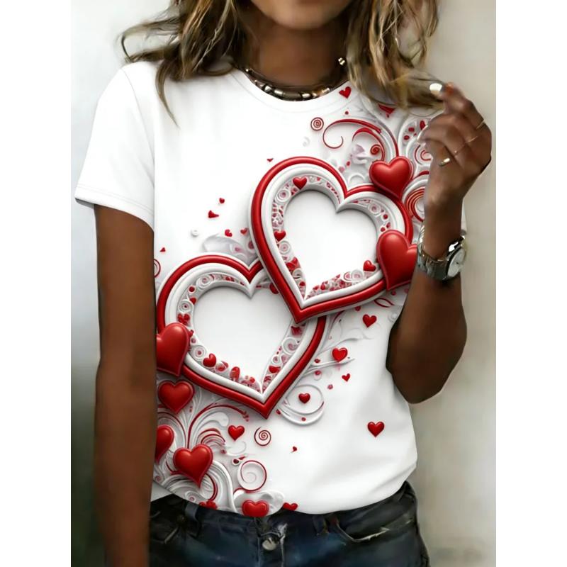 Women's Crew Neck Short Sleeve Fashion Women's Clothing 3D Love Color Printing Crew Neck T-Shirt