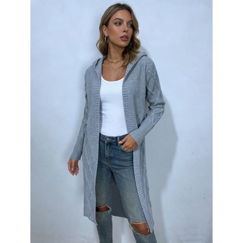 Womens Oversized Crochet Cable Knit Hooded Cardigan Long Sleeve Loose Fit Sweater In Solid Colors