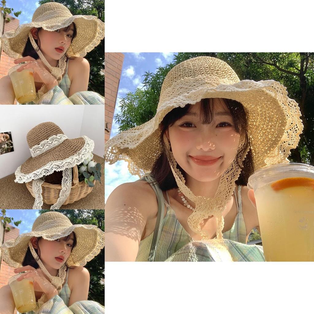 Korean Style Summer Wide Brim Hat For Women Lightweight Breathable Lace Sun Protection