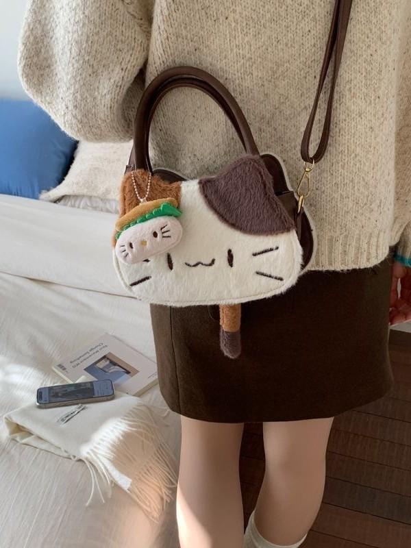 Threecolor Cat Cartoon Plush Shoulder Bag For Daily Use With Storage Capacity
