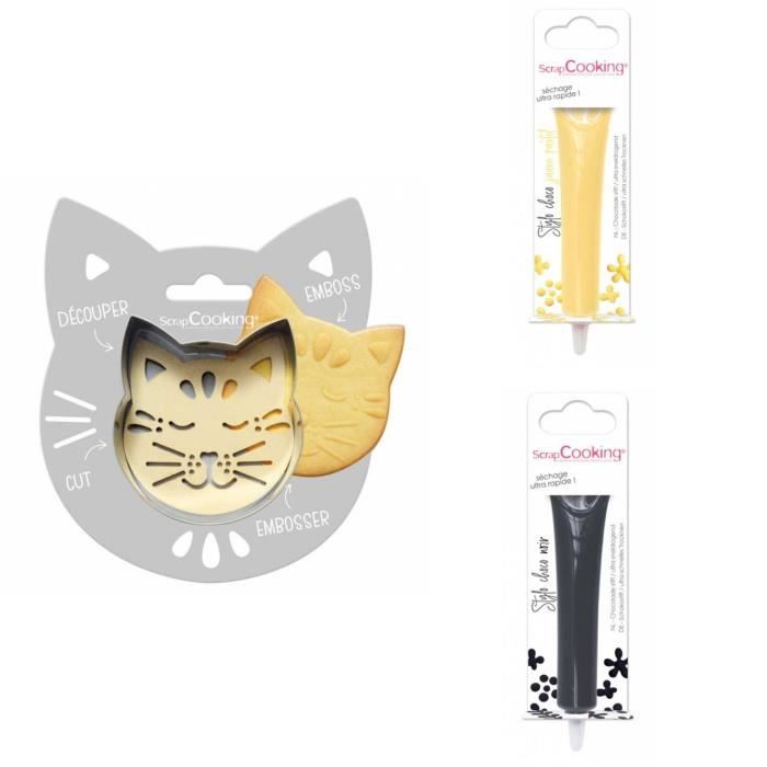 Kit pour biscuit en relief Chat + 2 Stylos au chocolat jaune pastel et noir