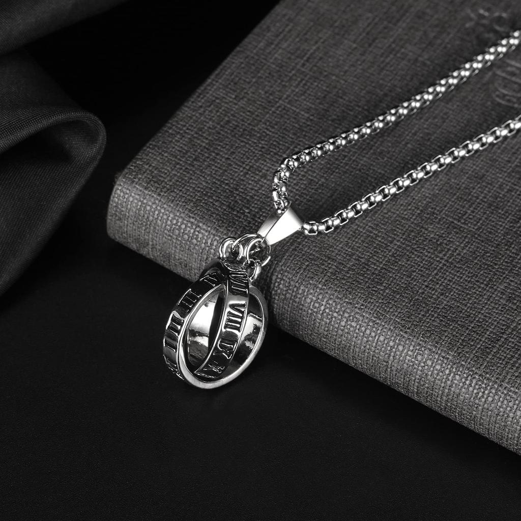 [Rockyu] Necklace for Men and Women, Unisex, Silver Stainless Steel, Simple, Clavicle Chain, Round Ring Necklace, Roman Numeral Engraving, Double Ring