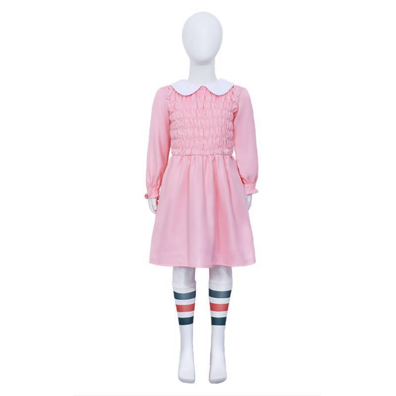 Stranger Things Eleven Cosplay Pink Dress With Polyester Fabric For Kids And Adults