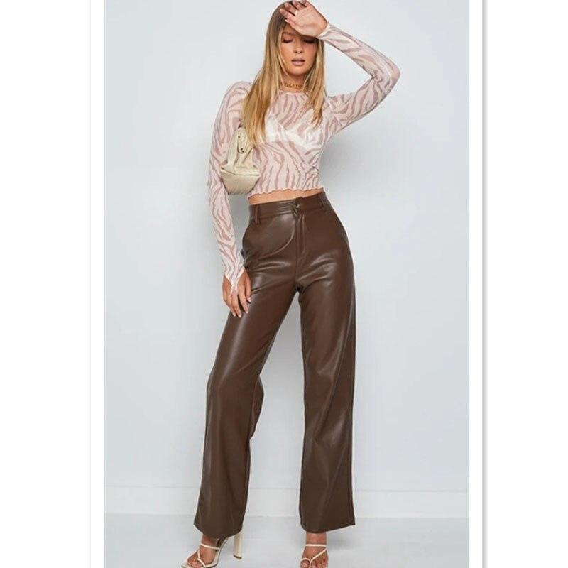 European American Autumn Fashion Casual Leather Pants Women Elegant Office-lady Pu Pants Women High Strecth Trouser Spodnie24079