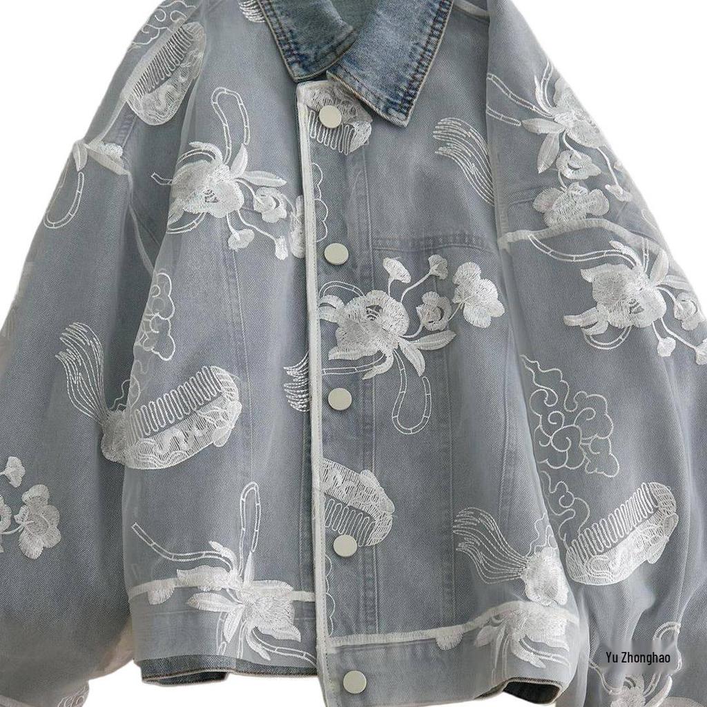 Women's Chinese Style Lace Patchwork Denim Jacket - Spring/Autumn 2026 Fashion, Age-Reducing Short Design