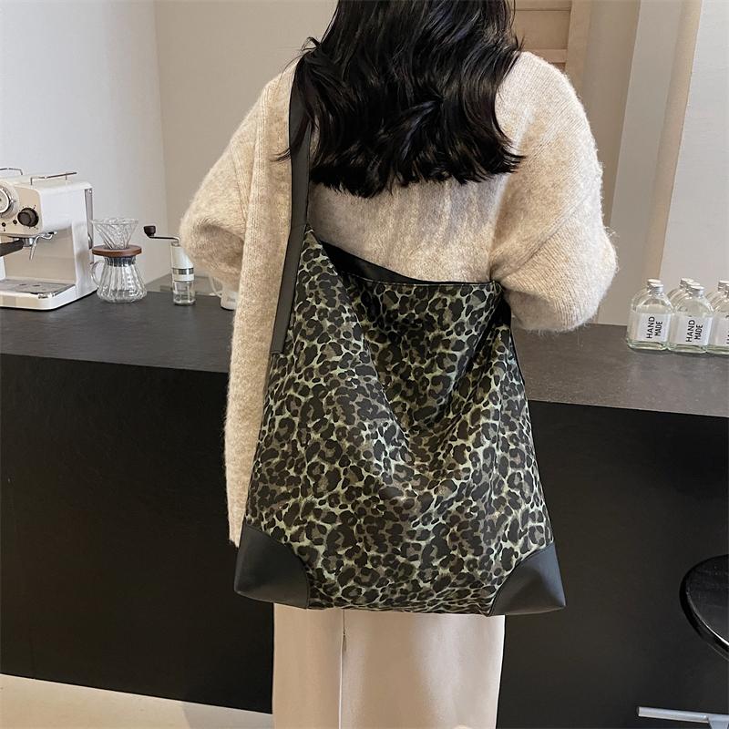Leopard Print Large Capacity Tote Bag Women's Vintage Canvas Shoulder Crossbody Bag