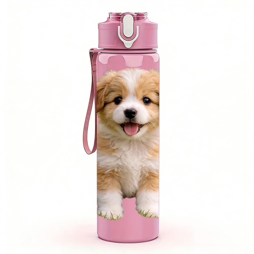 1PC Tiny Puppy Dog Cute Pet Animal Print 750ml Color Plastic Sports Water Bottle Leakproof Flip Straw Lid Suitable for Sports Office Home Use