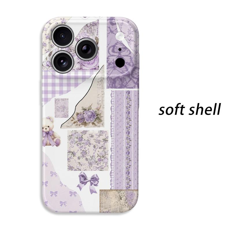 Charming Scrapbook Collage Lavender Floral Teddy Bear Ribbon Film Aesthetic Protective Shockproof Bumper Case Cover For iPhone 14 15 16 Pro Max Plus