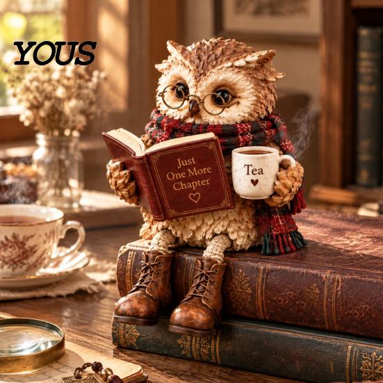 Owl Figurines for Bookshelf 2Pcs Reading Resin Figurines, Sitting Edge Statue with Glasses Cute Animal Statues Mantel & Book, Vintage Rustic