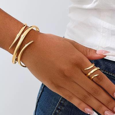 Fashion Temperament Personalized Metal Hollow Line Three-layer Winding Opening Women's Ring Bracelet Set