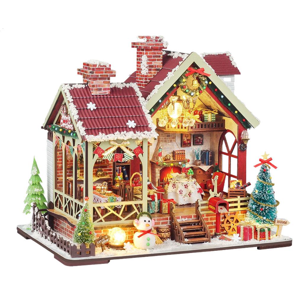 DIY Book Nook Kit Miniature Dollhouse Kit Xmas Eve Snowflakes Building with LED Light Diorama Model Birthday Gifts