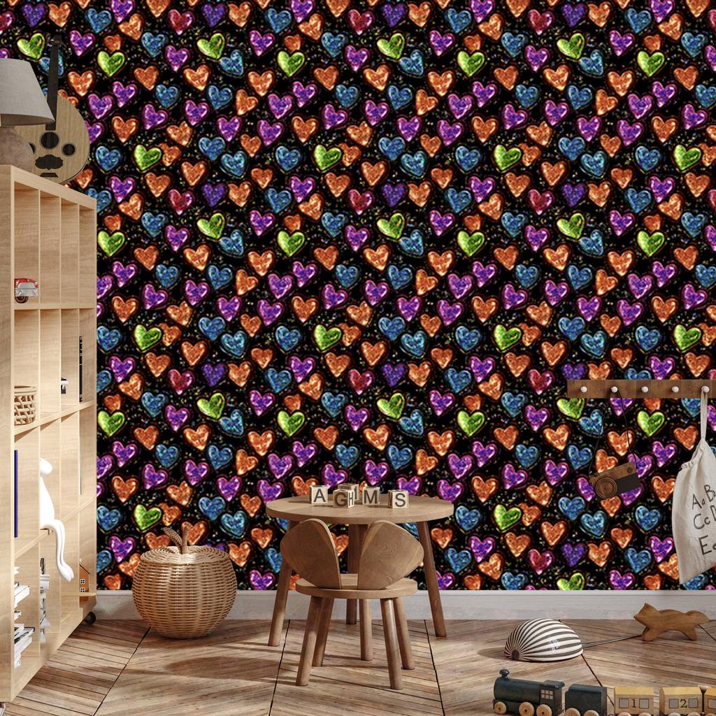 Neon Glitter Hearts Wallpaper Black and Orange 50x1000