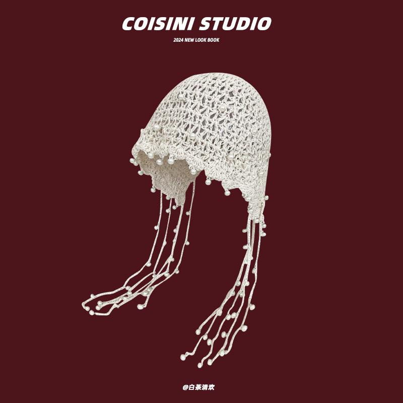 Fashion Handwoven Hollow Baotou Hat Women'S Crochet Ethnic Style Tassel Ear Protector Strap Sleeve Knitted Hat