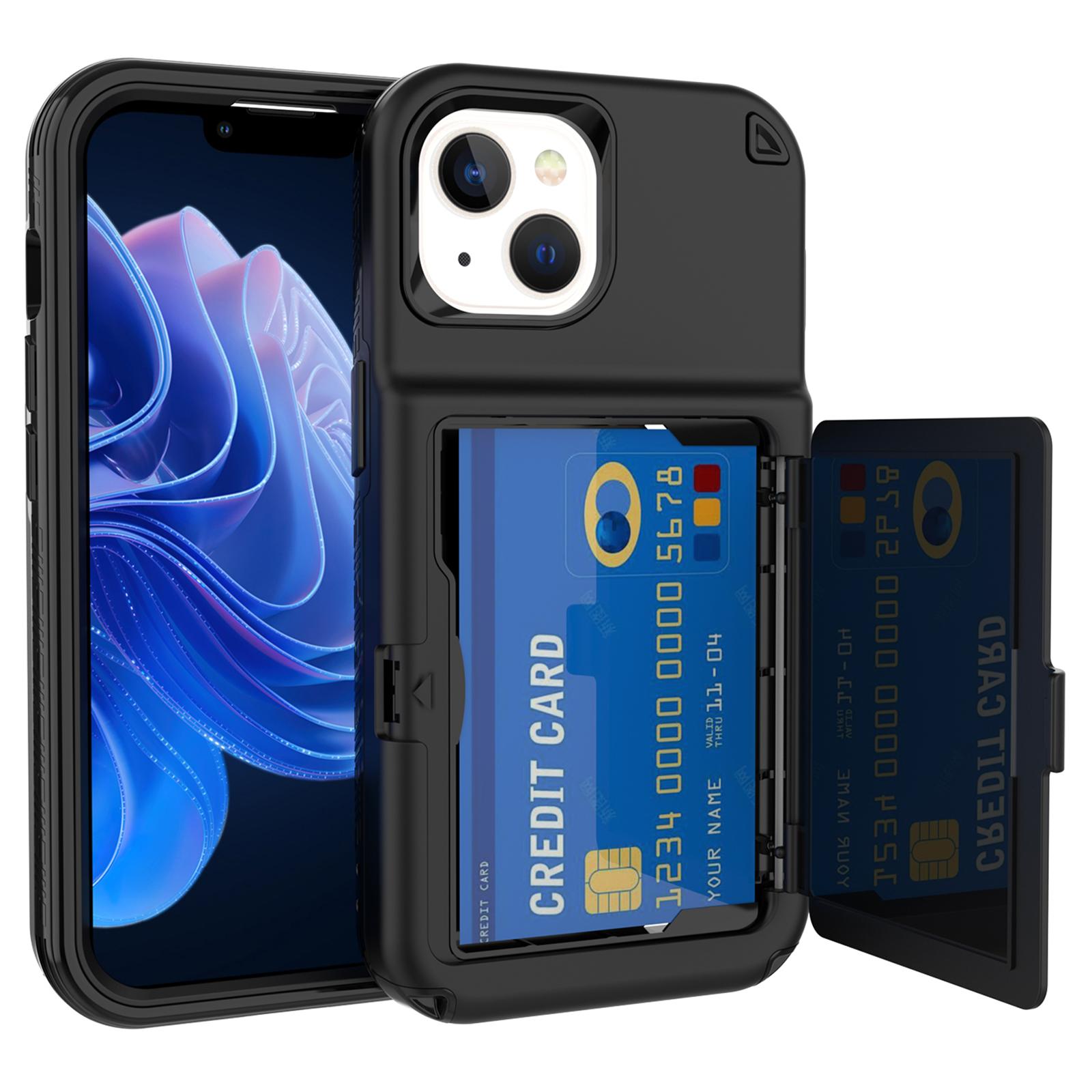 

For iPhone 15 Card Case PC+TPU Phone Cover with Makeup Mirror Black