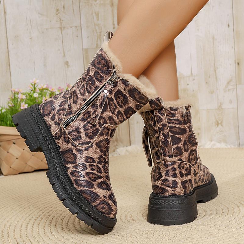 Fashion Leopard Print Platform Ankle Boots Women Plus Size 43 Thicken Plush Warm Winter Boots Woman Non Slip Zipper Short Botas