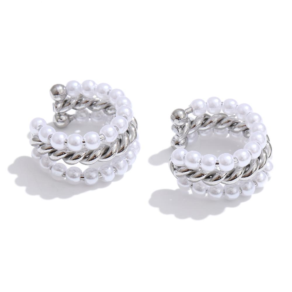 Eetit Simulated Pearls Layered Ear Bone Earrings for Women Stainless Steel Chic Fashion Ear Clip Accessories