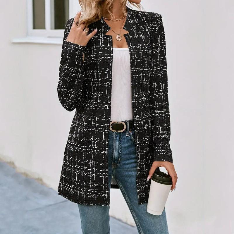 Plaid Pattern Open Front Jacket, Versatile Long Sleeve Outwear for Fall & Winter, Women's Clothing