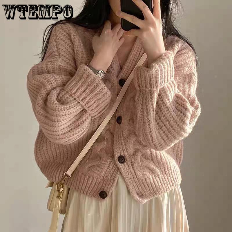 Women's Knitted Sweater V-neck Bubble Sleeve Linen Pattern Loose Knit Cardigan Sweater Coat for Women