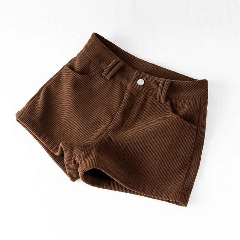 Unisex Spring Khaki Corduroy High-Waist Wide-Leg Shorts - Slimming Coffee Color, Single Button Closure