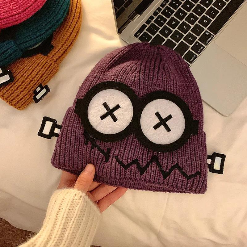 Cute Cartoon Candy Color Kpop Beanie Women'S Big Eyes Smile Skull Cap Winter Warm Knitted Streetwear Fashion Student Hat