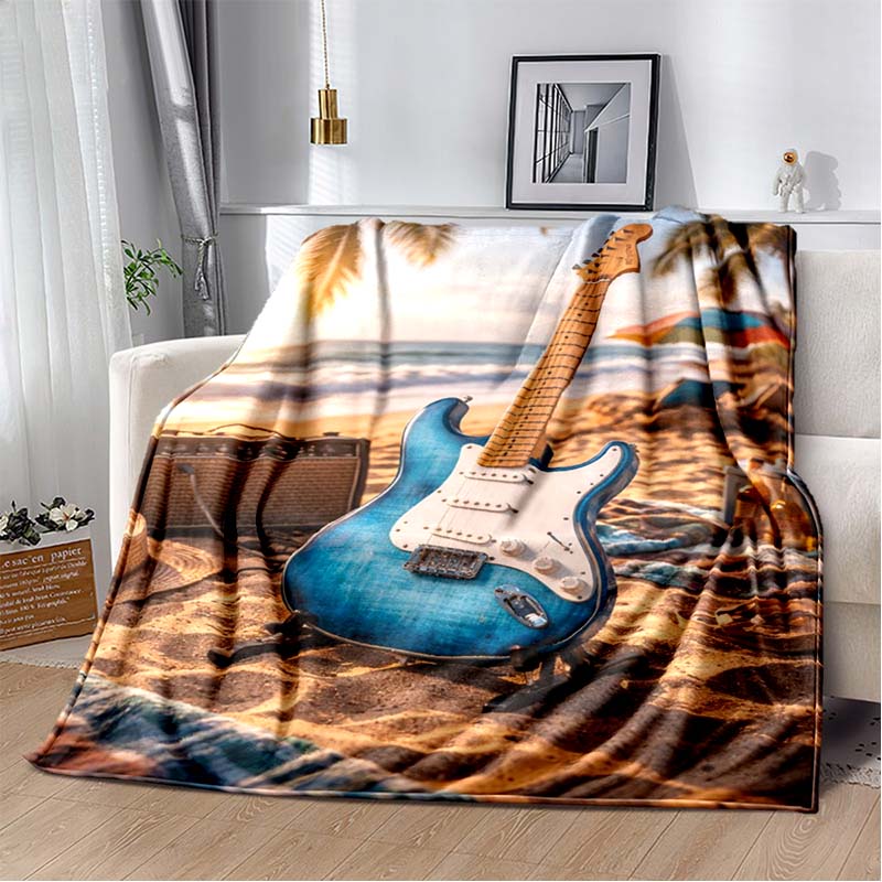 Tropical Beach Electric Guitar Print Flannel Blanket, Palm Tree & Amp Throw Blanket
