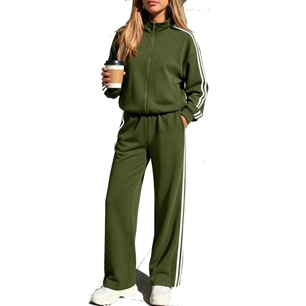 Completo casual da donna a due pezzi con pantaloni jogger a gamba larga a righe con cerniera