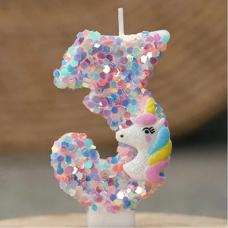 Gradient Pink Unicorn Happy Birthday Candles with 0-9 Number for Cake Decoration Children's Party Favors Cake Toppers DIY