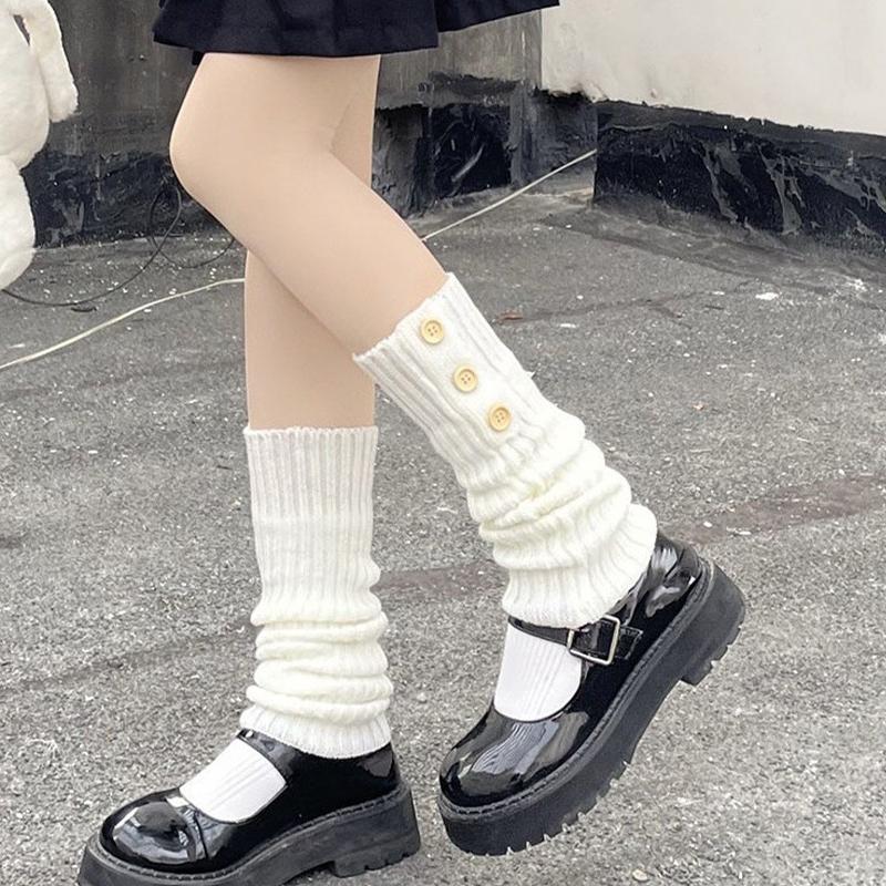 

Women Vintage Button Leg Warmers New Autumn Winter Knitted Socks with Yarn White Long Tube Pile Socks JK Keep Warm Leg Warmers One Size