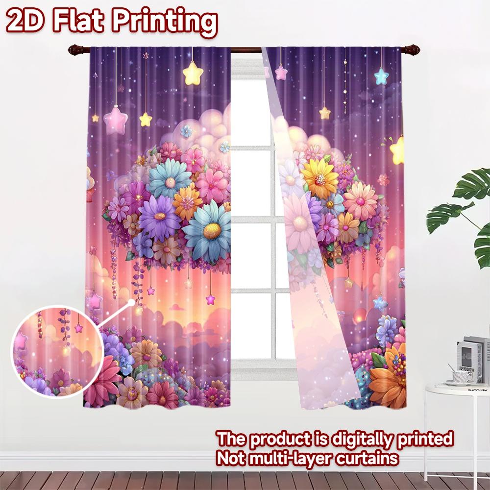 2D flat printing 2pcs Party Curtains Dreamy Cloud Flowers Starry Night Digital Printed Polyester Drapes Festive Curtains for