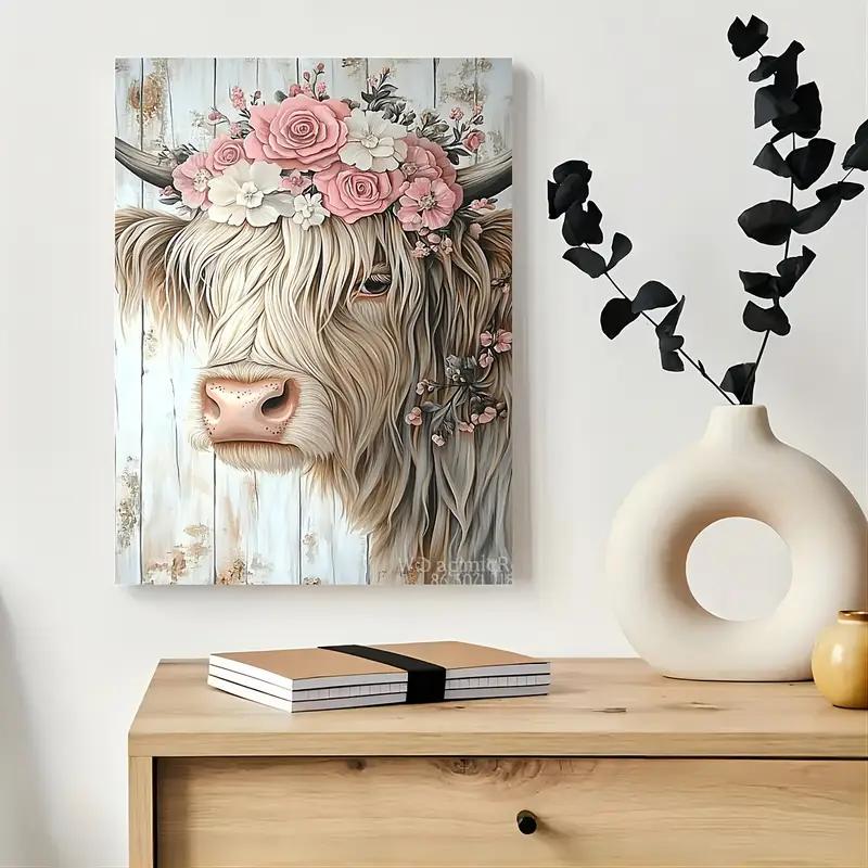 Room Decor Rustic No Framed Highland Cow Canvas Art Print, Floral Crown Wall Decor, Woven Bachelor Party Home & Office