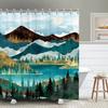 Mountain Shower Curtain,Teal Bathroom Shower Curtain, Cool Nature Watercolor Misty Forest Sun Sunset Landscape Shower Curtains