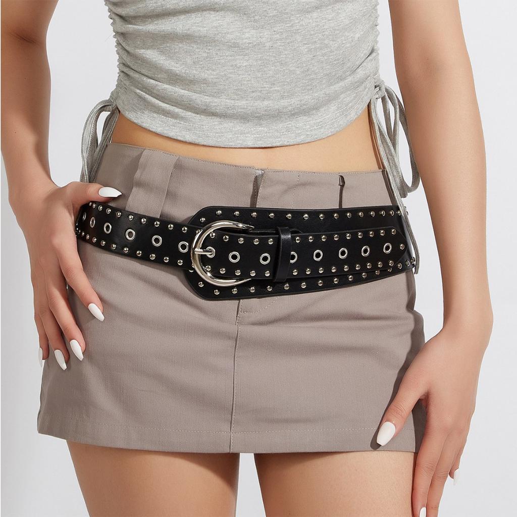 Punk Style Studded Waistband PU Leather Belt for Men and Women Fashionable Waist Ornament with Buckle Design