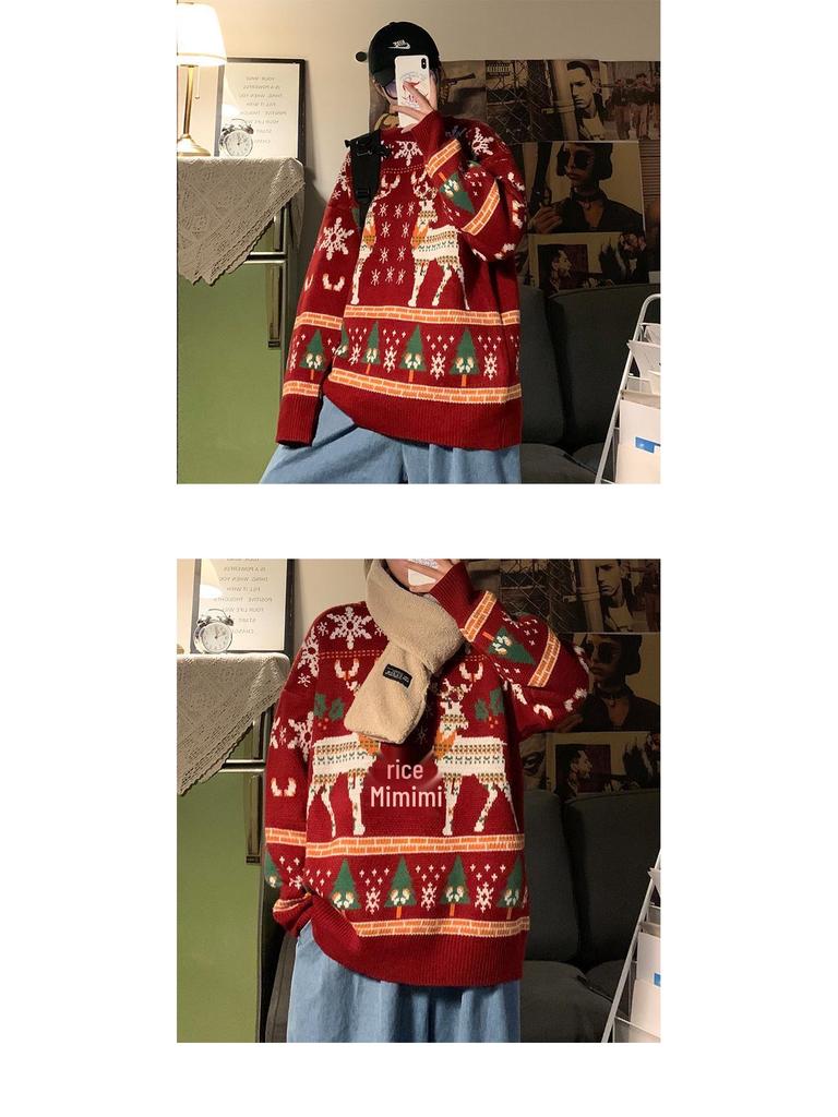 Men's Winter Hong Kong Style Loose Fit Christmas Sweater - Casual Pullover for Couples
