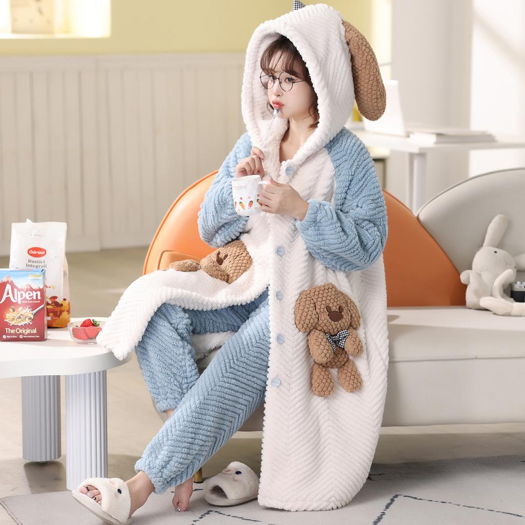 Winter Hooded Long-sleeved Pajamas and Pants Warm Flannel Pajamas Set for Women Cute Cartoon Doll Bear Role-playing Bathrobe