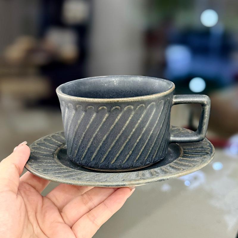 High-looking Retro Stoneware Coffee Cup with Saucer Design Twill Shape Office Afternoon Tea Cup and Saucer Set