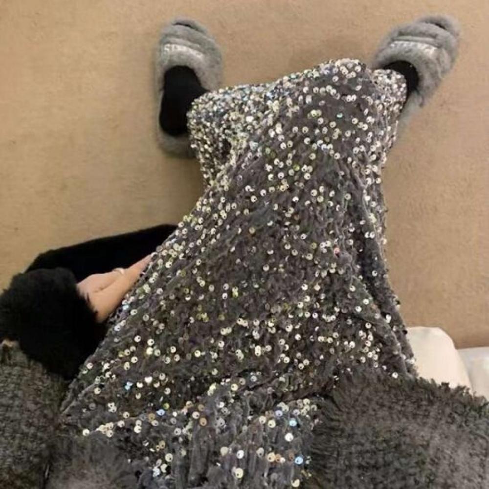 Mizqz H Line Velvet Sequin Slit Banding Long Skirt