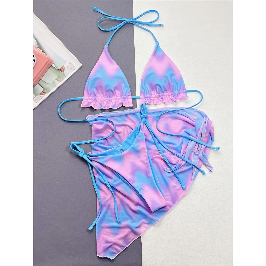 

С саронг халтер тай-дай бикини женский купальник женский купальник из трех частей бикини комплект с подкладкой купальный костюм купальный костюм L синий/розовый