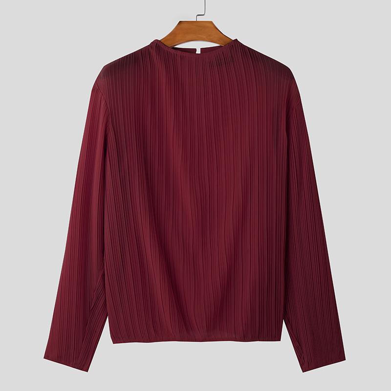 

INCERUN Мужские топы с воротником-стойкой и длинным рукавом, однотонные, с отогнутыми краями, полупрозрачные, нижние рубашки 3XL вино красного