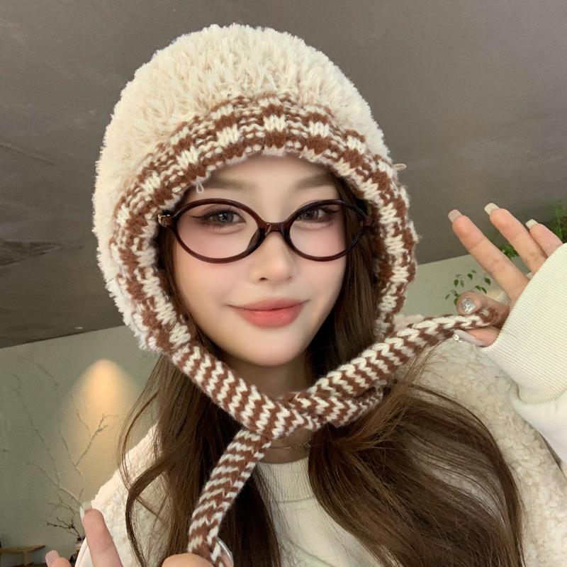 Autumn and winter hat female sweet cute girl plush knitted hat winter protection ear knitted wool hat