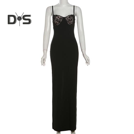Women's Cami Lace Bodycon Maxi Dress Spaghetti Strap Sleeveless Split Long Dress Sexy Low Cut Evening Dress for Cocktail Party Nightclubs