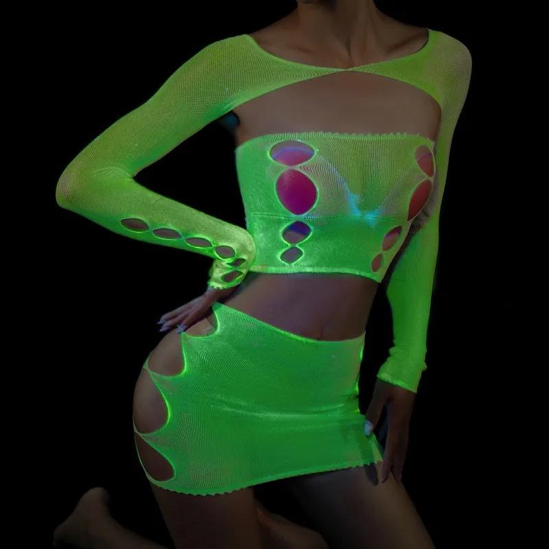 Bodystocking Glowing In The Dark Mesh Lingerie Set Attractive Ladies