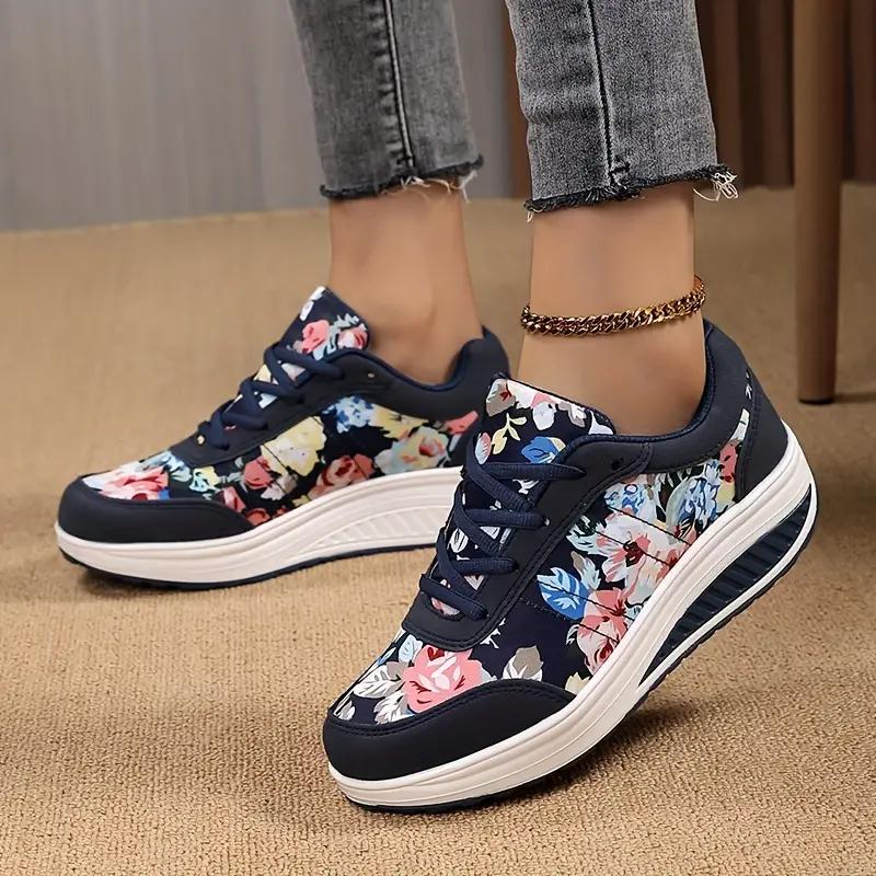 Women's Vintage Print Casual Sneakers Lace Up Platform Soft Sole Walking Shoes Round Toe Sport Shoes